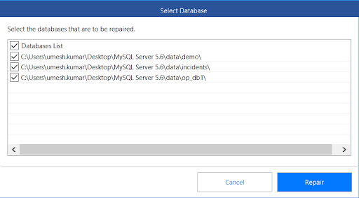 select all or specific MySQL databases you want to repair